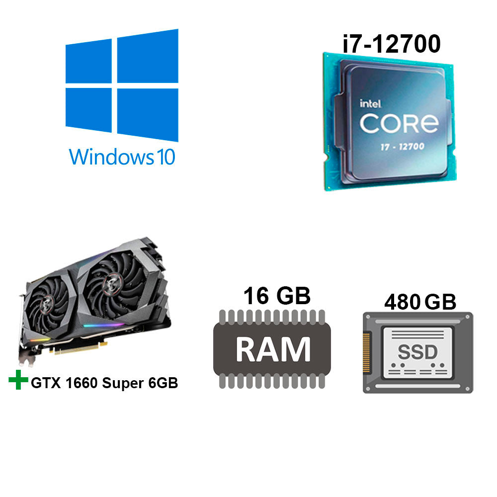 Computador Gamer Core i7 12700, SSD 480GB, Com HD 1TB, 16GB RAM, Placa Video 6GB GTX 1660, Fonte Real 500WAt