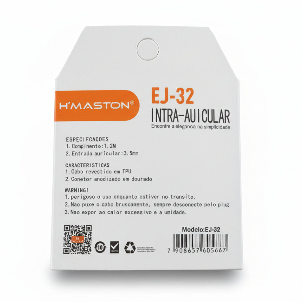 Fone De Ouvido EJ-32, Intra Auricular 3.5mm, Cabo em TPU Revestido, Cabo 1.2 Metros, H'maston, Branco
