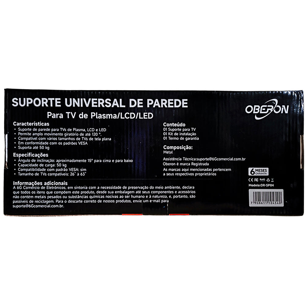 Suporte de Parede Universal Para TVs de 26" a 63", Movimento Giratório 120° e Inclinação 15°, Suporte Até 50KG, OR-SP84