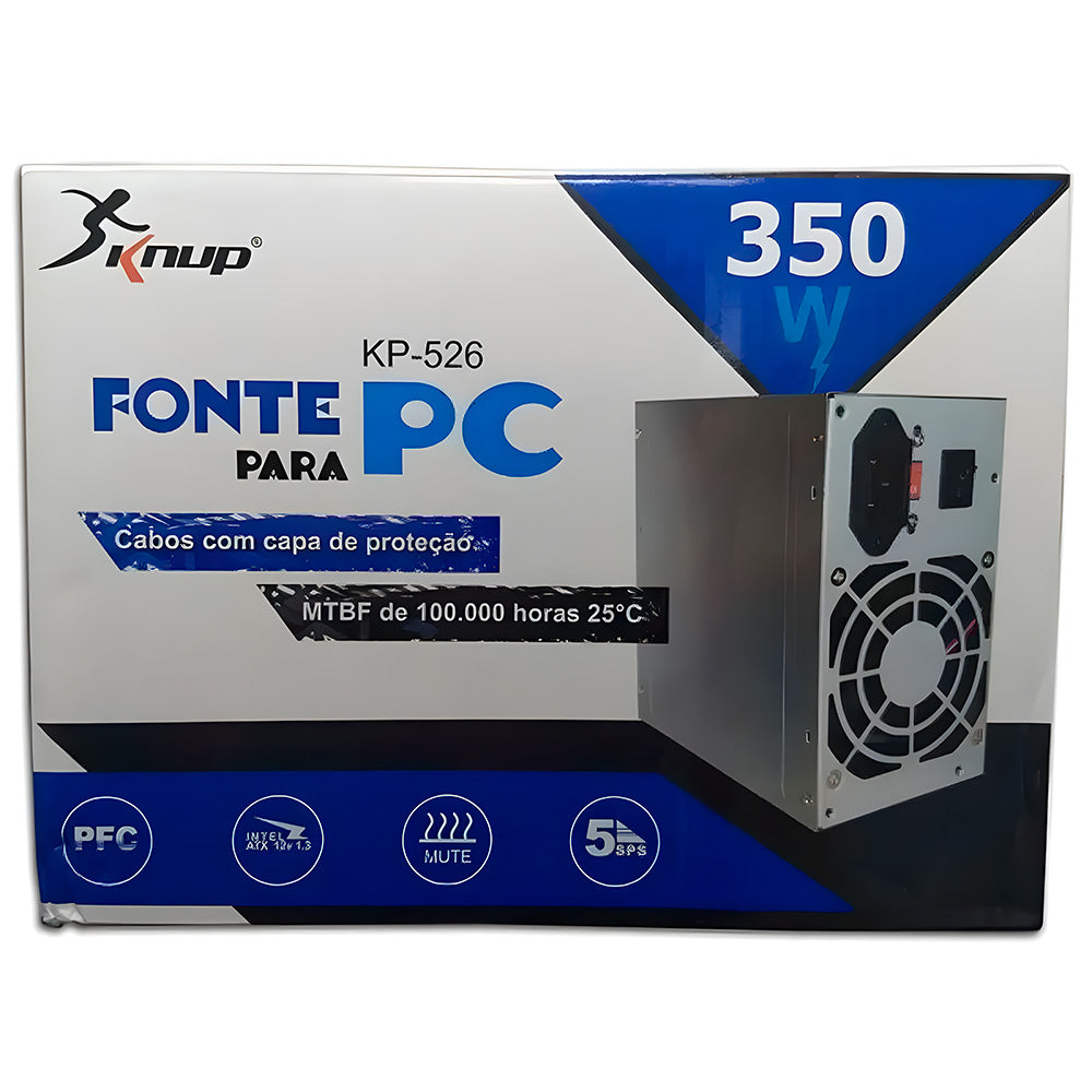 Fonte ATX 350W Real Knup KP-526, Bivolt Manual, Cooler 80 mm Ultra Silencioso, Proteção OVP/OCP/SCP, Com cabo
