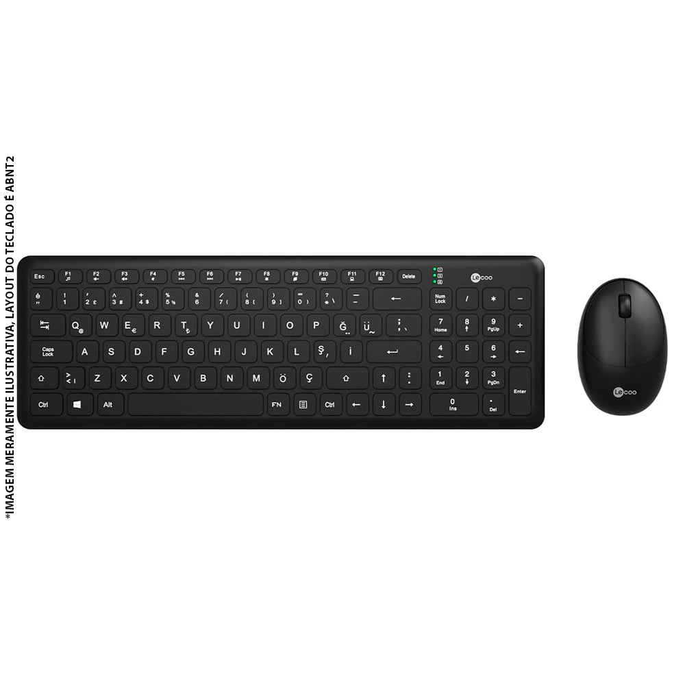 Kit Teclado E Mouse Sem Fio KW204 Lecoo, ABNT2, Bluetooth 2.4 GHz, Mouse 1.200 DPI, Ergonomico, Nano USB Até 10m - Preto