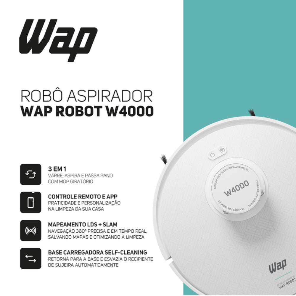 Robô Aspirador Wap Robot W4000  Estação Autolimpante, Mapeamento LDS 360°, Passa Pano com MOP Giratório 220V 60Hz