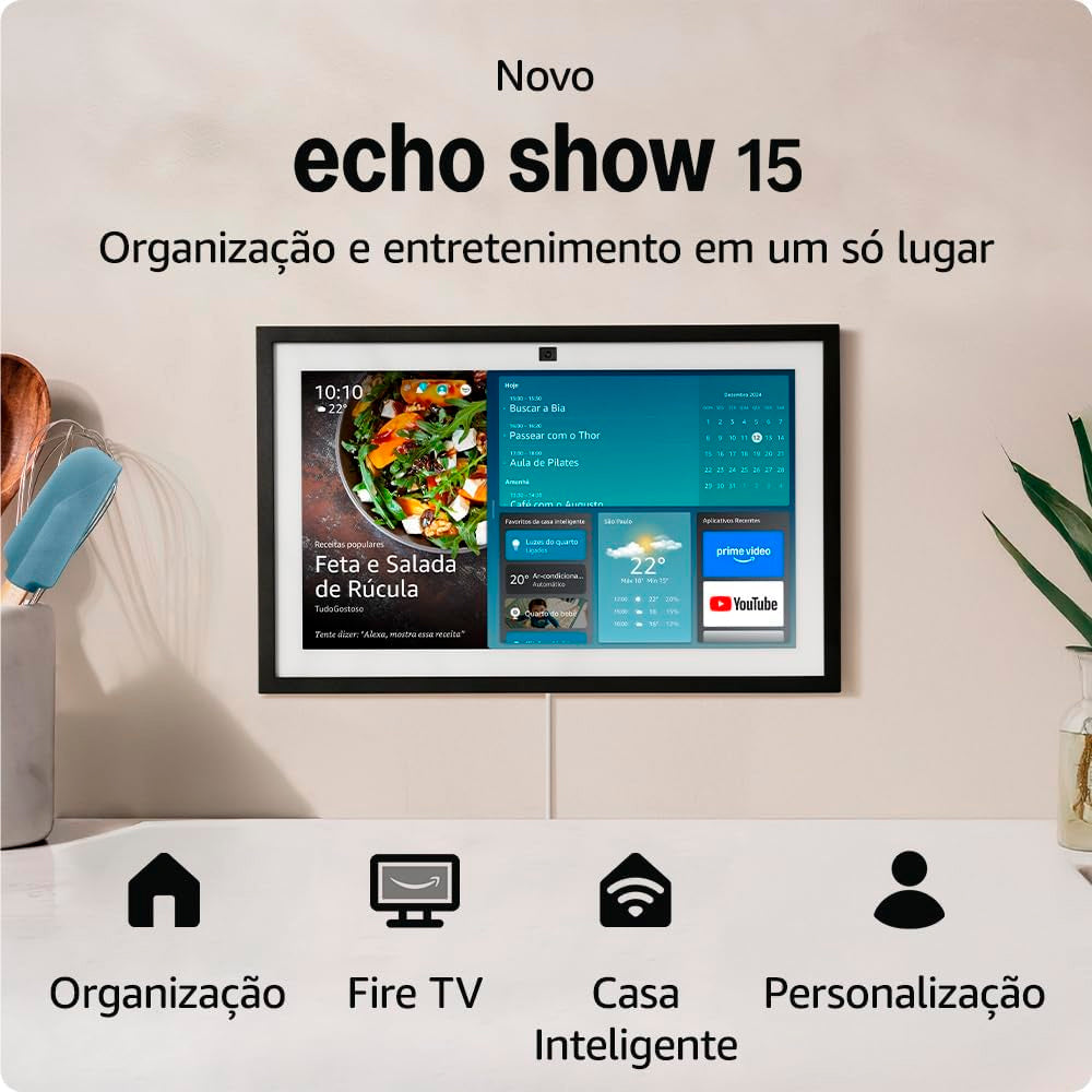 Echo Show 15, Smart Display Full HD 15,6”, Alexa Integrada, Experiência Fire TV, Com Controle Remoto Por Voz