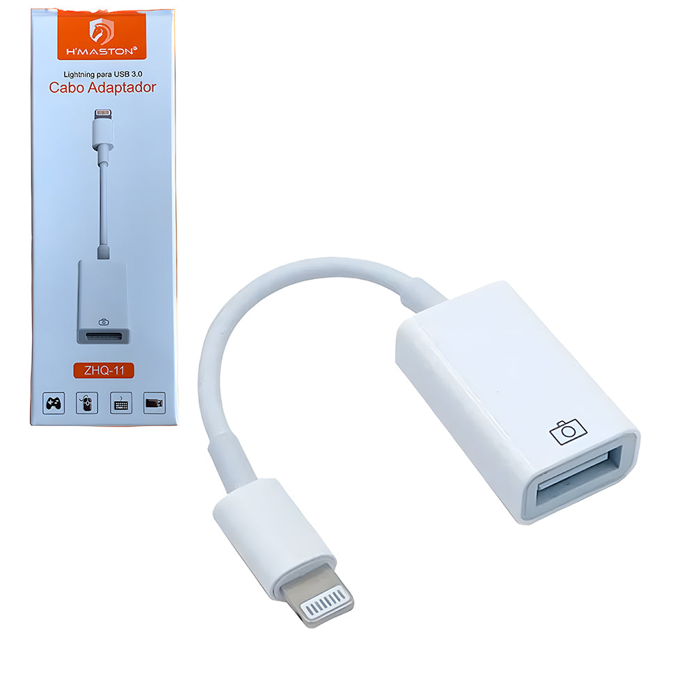Adaptador OTG USB 3.0 (Fêmea) Para Lightning (Macho), Transmissão de Alta Velocidade, ZHQ-11, H'Maston, Branco