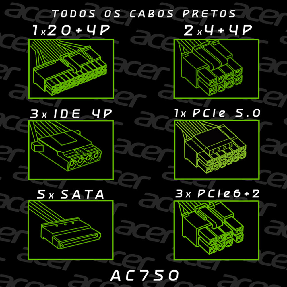 Fonte ATX Gamer 750W Real, 80 Plus Bronze, Full Modular, PFC Ativo, Acer AC750