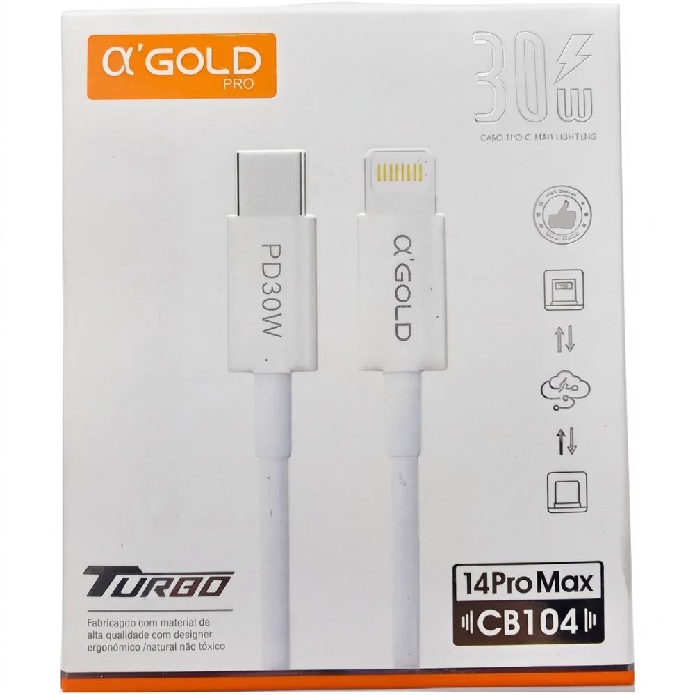 Cabo Lightning 2 Metros Turbo α'GOLD CB-104 | USB-C para iPhone 30W – Carregamento Ultrarrápido
