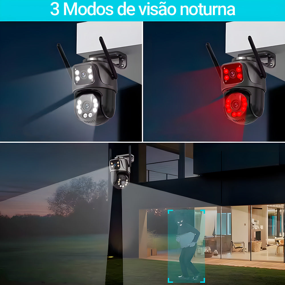 Câmera de Segurança Dupla, Giratória, IP, Wi-Fi, Full HD, 4MP, PTZ, Visão Noturna, iCSee, Compatível Alexa, IP66, Preta