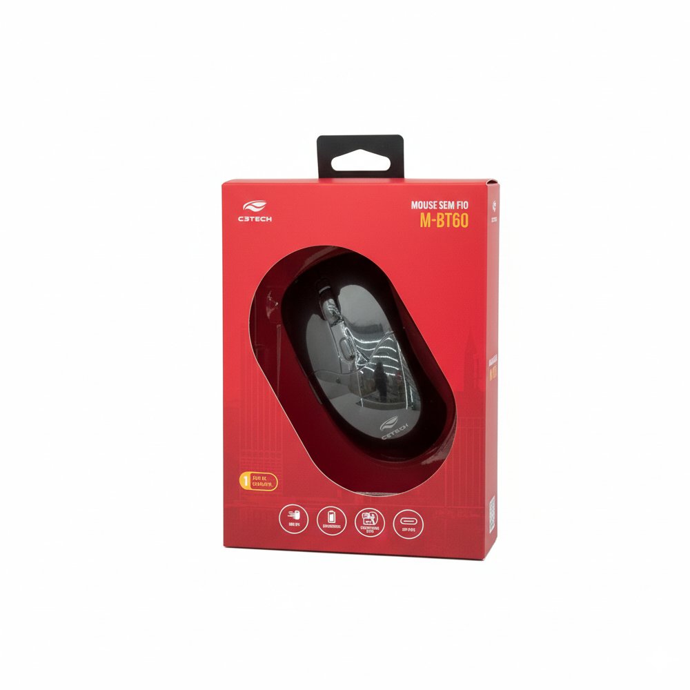 Mouse Sem Fio M‑BT60BK C3Tech Duplo Modo (BT + Nano) 800‑1600 DPI, 6 Botões, Recarregável USB‑C - Preto