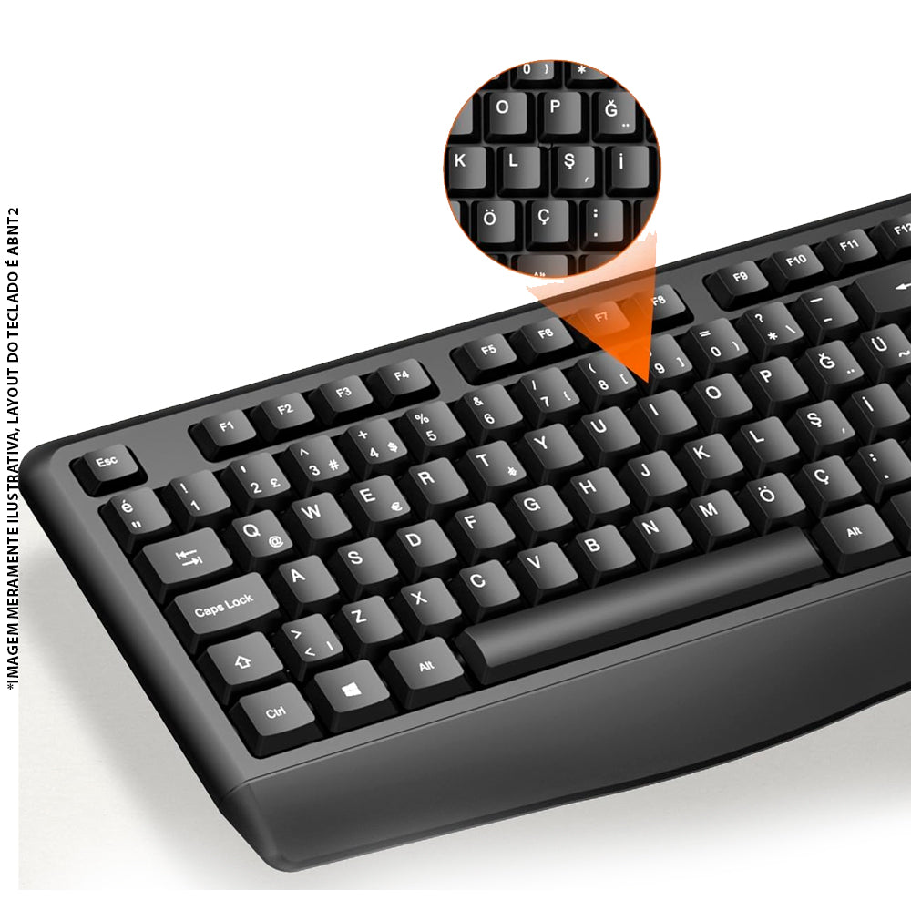 Kit Teclado Membrana ABNT2 e Mouse Óptico 3 Botões, DPI 1.600, Wireless 2.4GHz, KW211 Lecoo - Preto