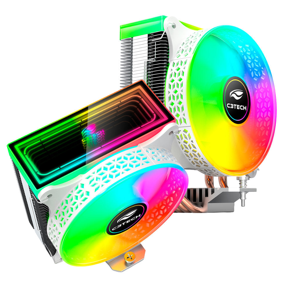 Cooler Fan CPU FC-L150RGB C3Tech, 120mm, 4 Heatpipes, RGB Espelho Infinito, 1600RPM, 50CFM, Intel/AMD - Branco