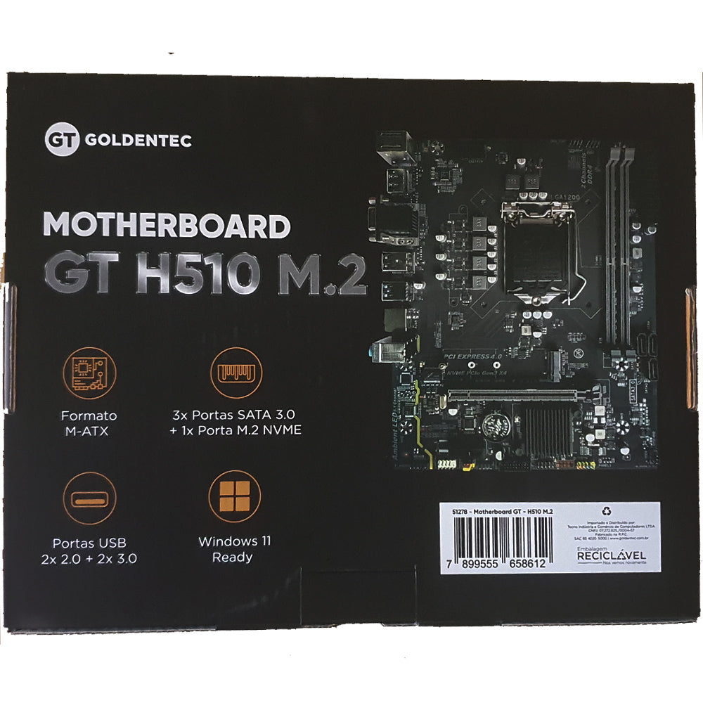 Placa Mãe GT H510 M.2- Soquete 1200 - DDR4 - Dual-Channel Até 64GB - Com Slot Para SSD M.2 NVMe - Rede Gigabit