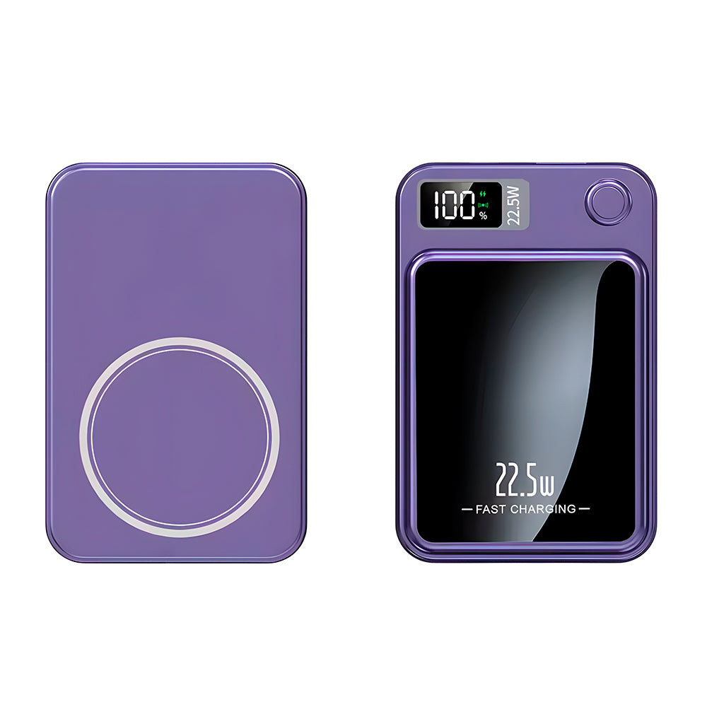 Carregador Portatíl Power Bank Magnetico 10000mAh Com Cabo USB-C, Uma Entrada USB e Uma Entrada USB-C - Roxo