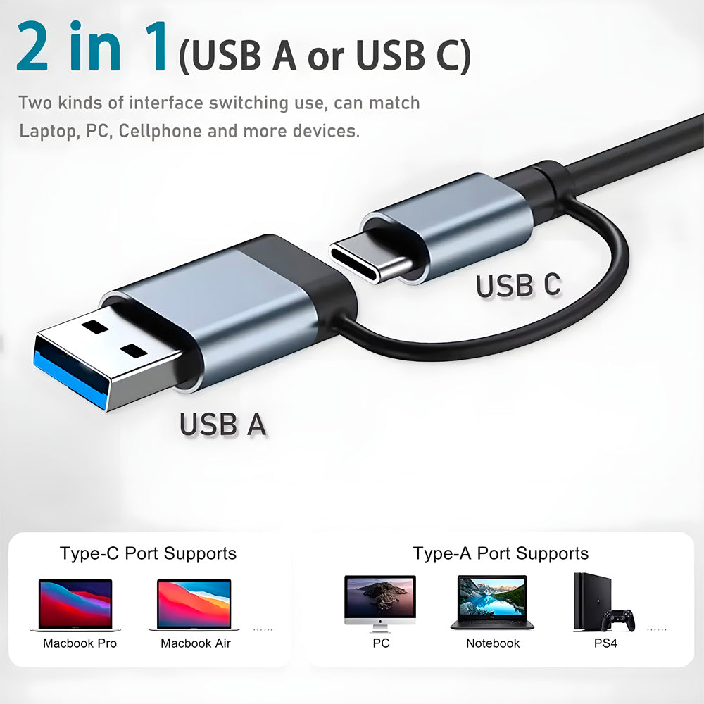 HUB USB 7 Em 1 Com Duas Saídas, Cinco Portas USB, 1 Entrada Para Cartão e Uma Para Aúdio - Cinza
