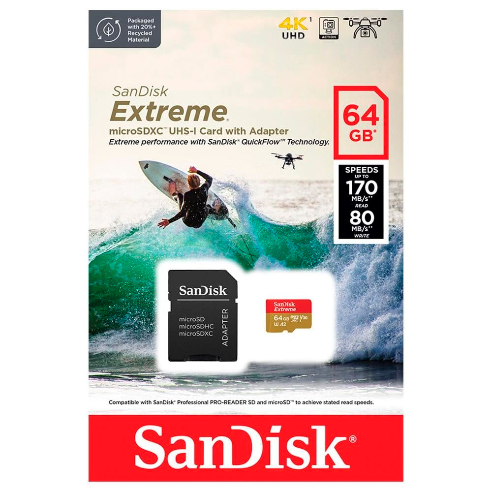 Cartão Micro SD SanDisk Extreme 64GB U3 V30 A2 com Adaptador SD 170MB/s - SDSQXAH-064G-GN6MA