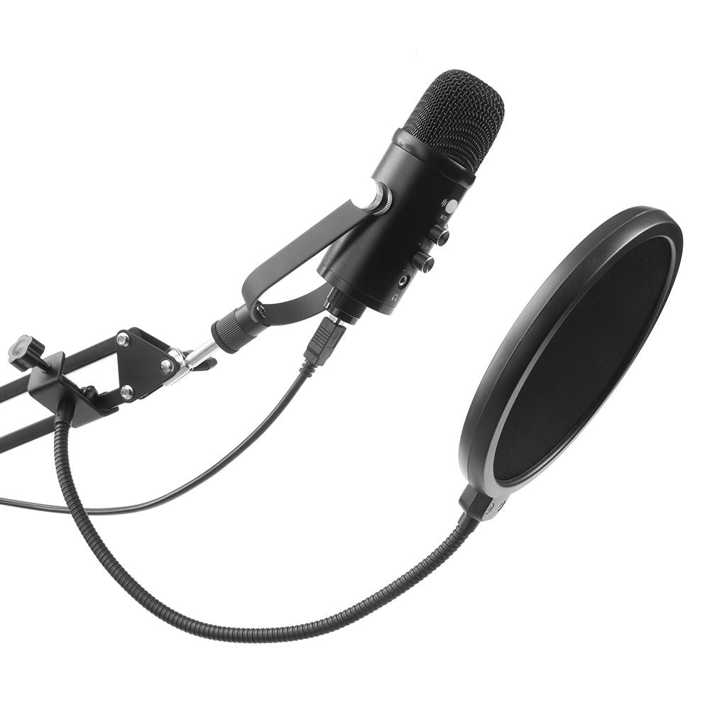 Microfone Streaming USB MI-100BK C3Tech, Condensador Cardioide para Streaming e Podcast, com Braço e Pop Filter