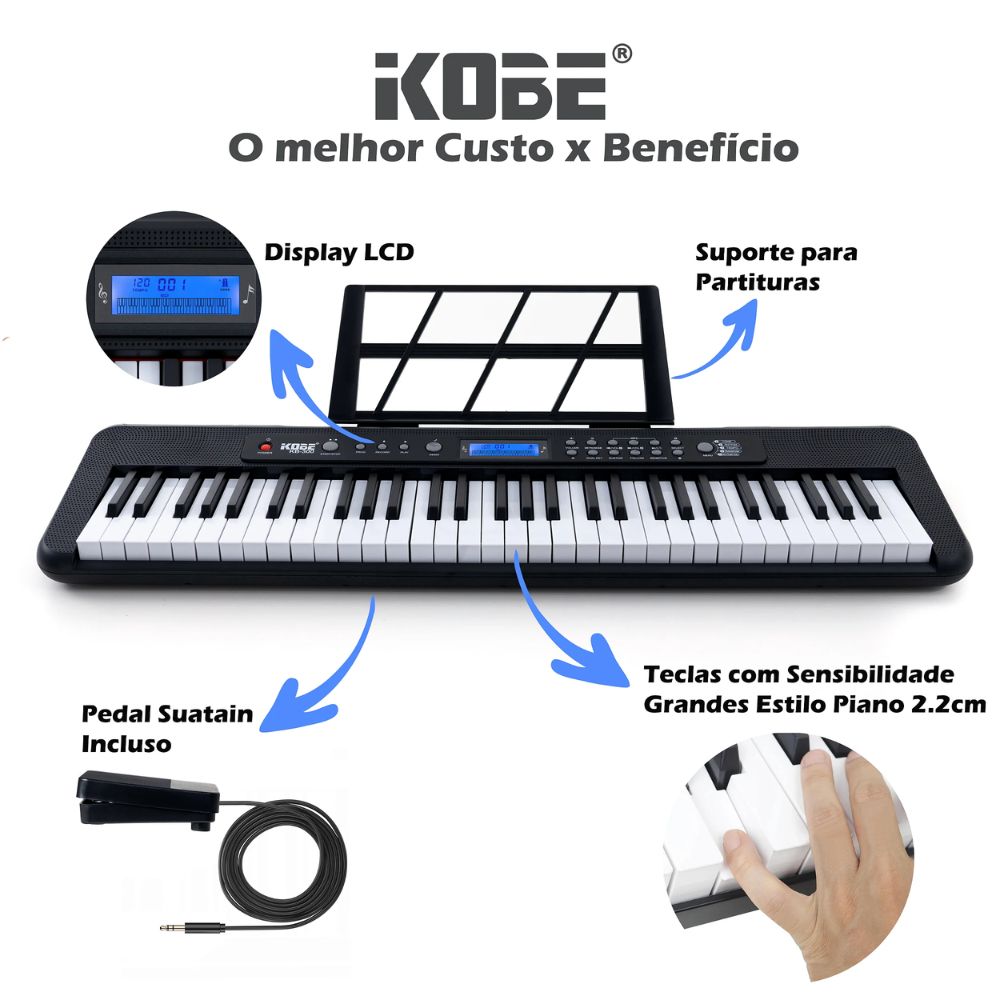 Kit Teclado Musical Kobe KB-300 com 61 Teclas Sensíveis ao Toque ,Suporte em X10 e Capa de Transporte Preto