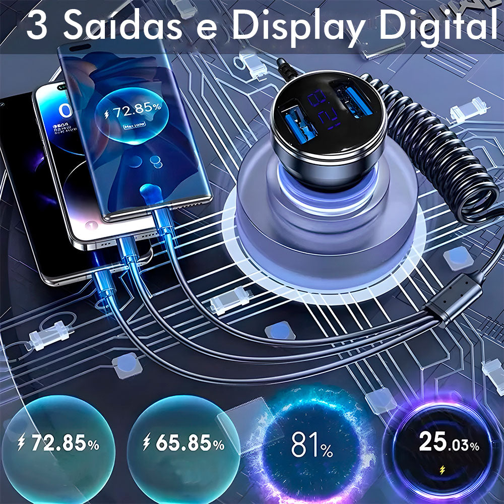 Carregador Veicular Com Duas Portas USB 3.1A e Cabo Com 3 Conectores, 15W, Display Digital - Preto