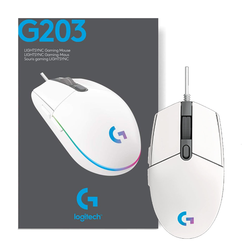 Mouse Gamer Logitech G203 LIGHTSYNC RGB, Efeito de Ondas de Cores, 6 Botões Programáveis e Até 8.000 DPI, Branco - 910-0