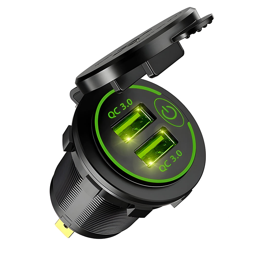 Carregador Veicular Com Duas Entradas USB (QC) 3.0, Luz Led Verde - Preto