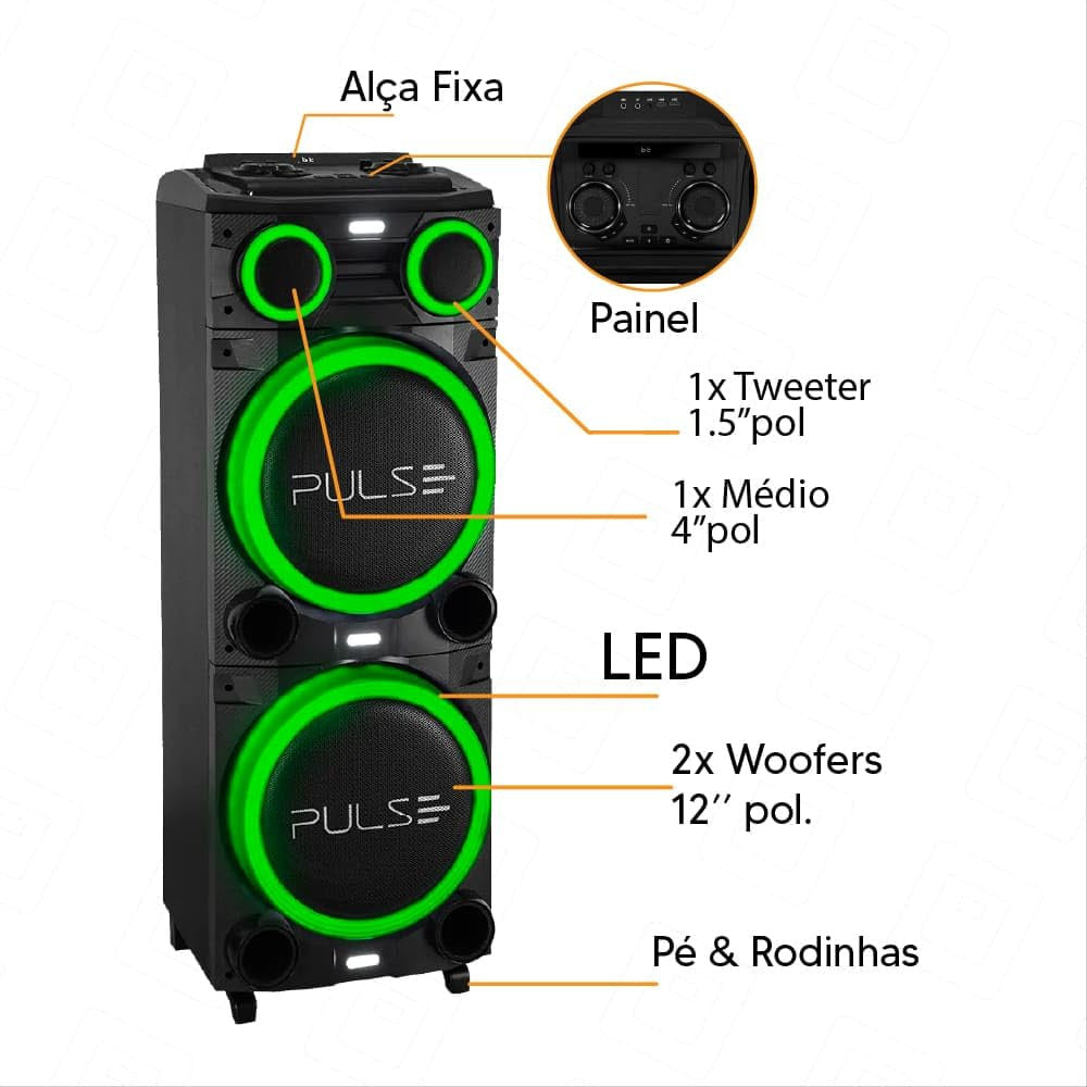 Caixa de Som Pulse SP516 Torre Double 12", 2700W, Bluetooth, USB/SD, Rádio FM, Bateria Recarregável