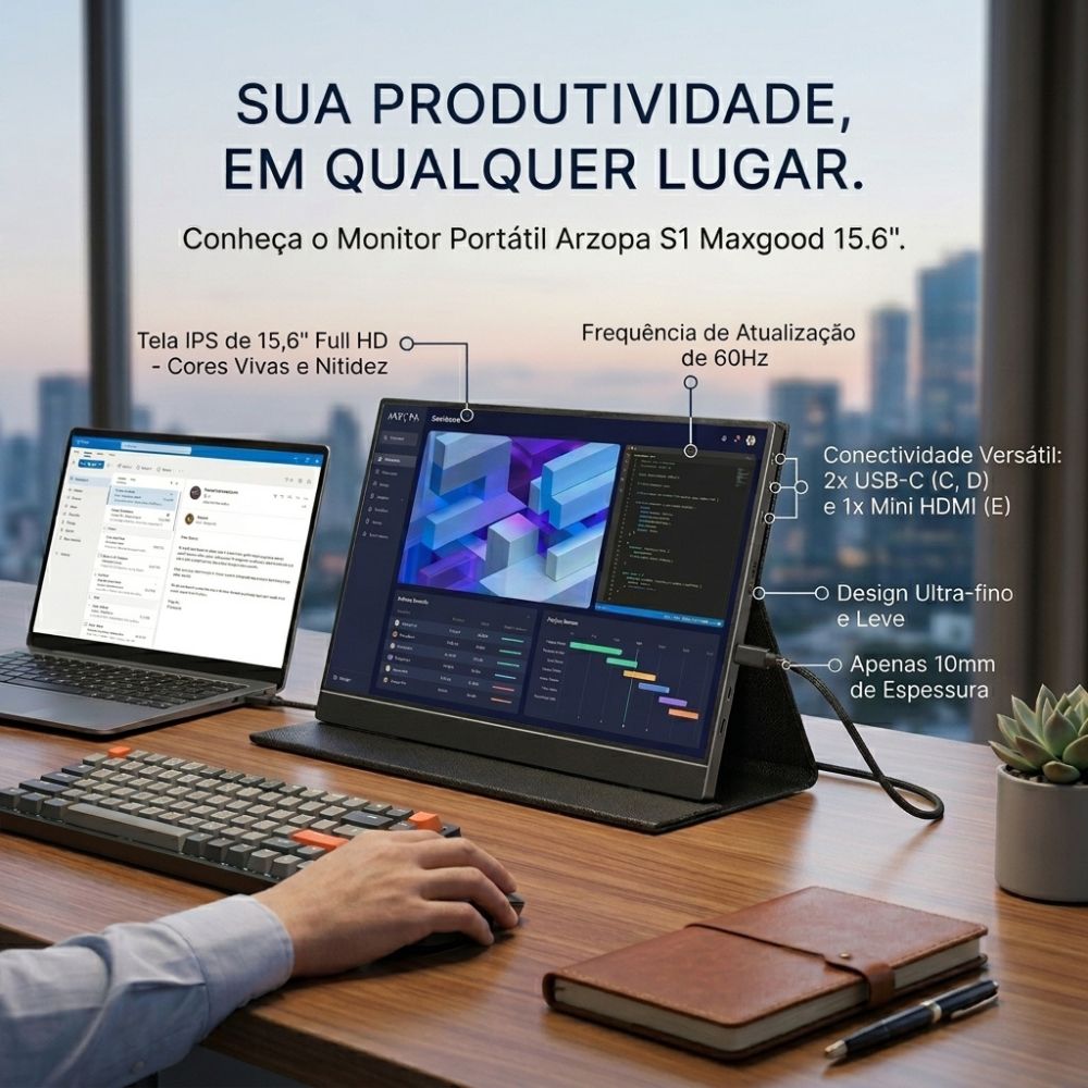Monitor Portátil Arzopa S1 Maxgood 15.6" Full HD IPS 60Hz 2x Entradas USB-C e 1x Entrada Mini HDMI - Com Capa Magnética
