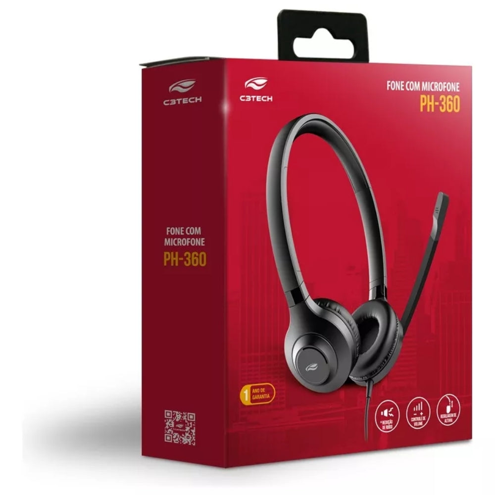 Fone Headset USB PH-360BK C3Tech, Som Estéreo, Cancelamento de Ruído ENC, Controle no Cabo, Preto