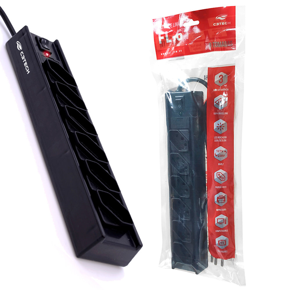 Extensão Filtro de Linha Com 6 Tomadas, Bivolt, FL-61BK, C3Tech - Preto