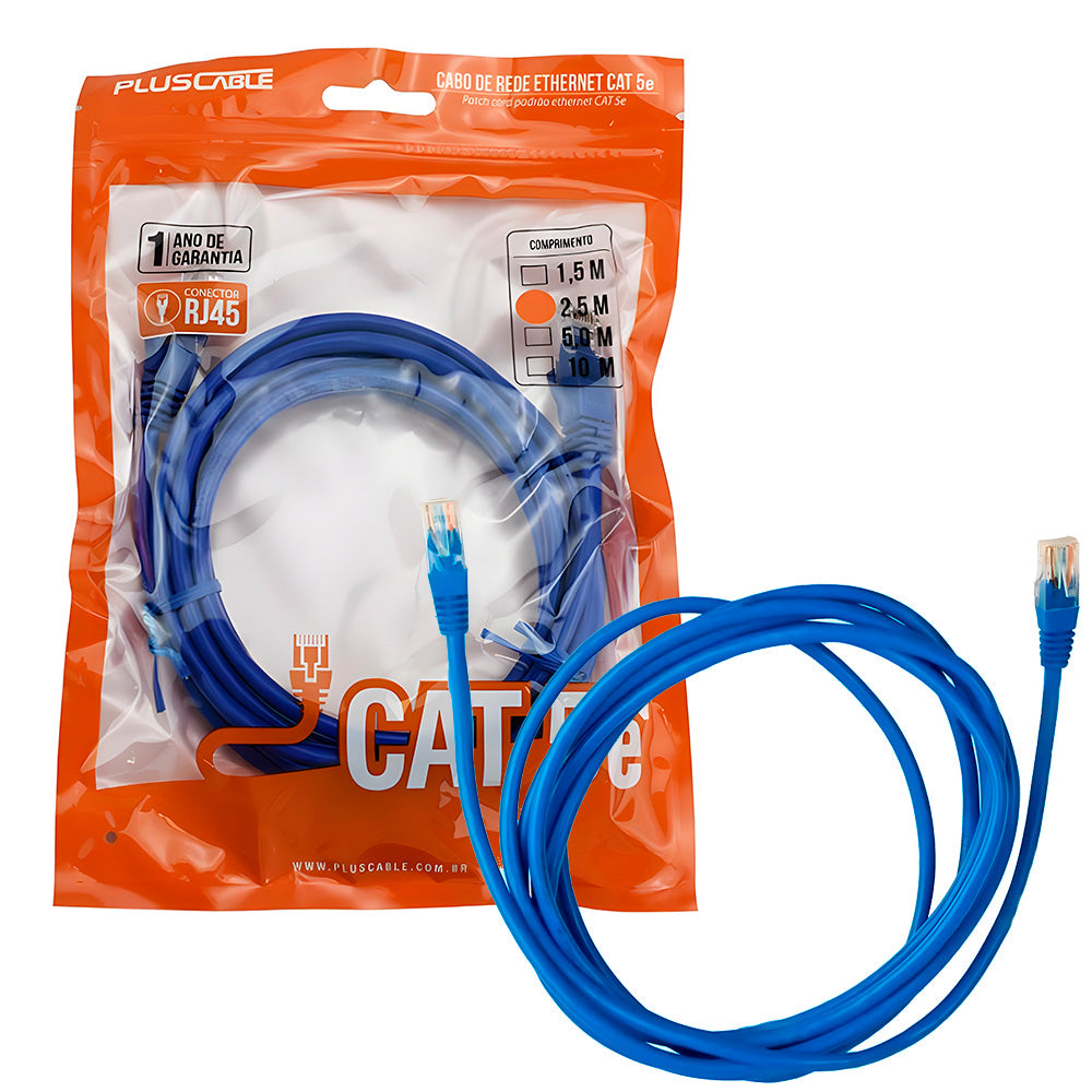 Cabo de Rede CAT5e, 2.5 Metros, Patch Cord Azul, PC-ETHU25BL - PlusCable