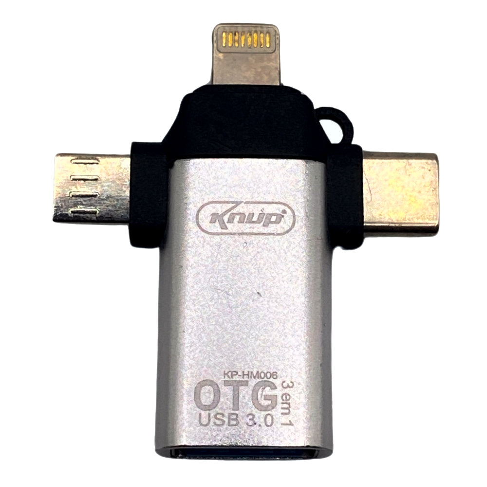 Adaptador OTG 3 em 1, USB 3.0 Para Tipo-C, Lightning e V8, KP-H006, Knup, Prata