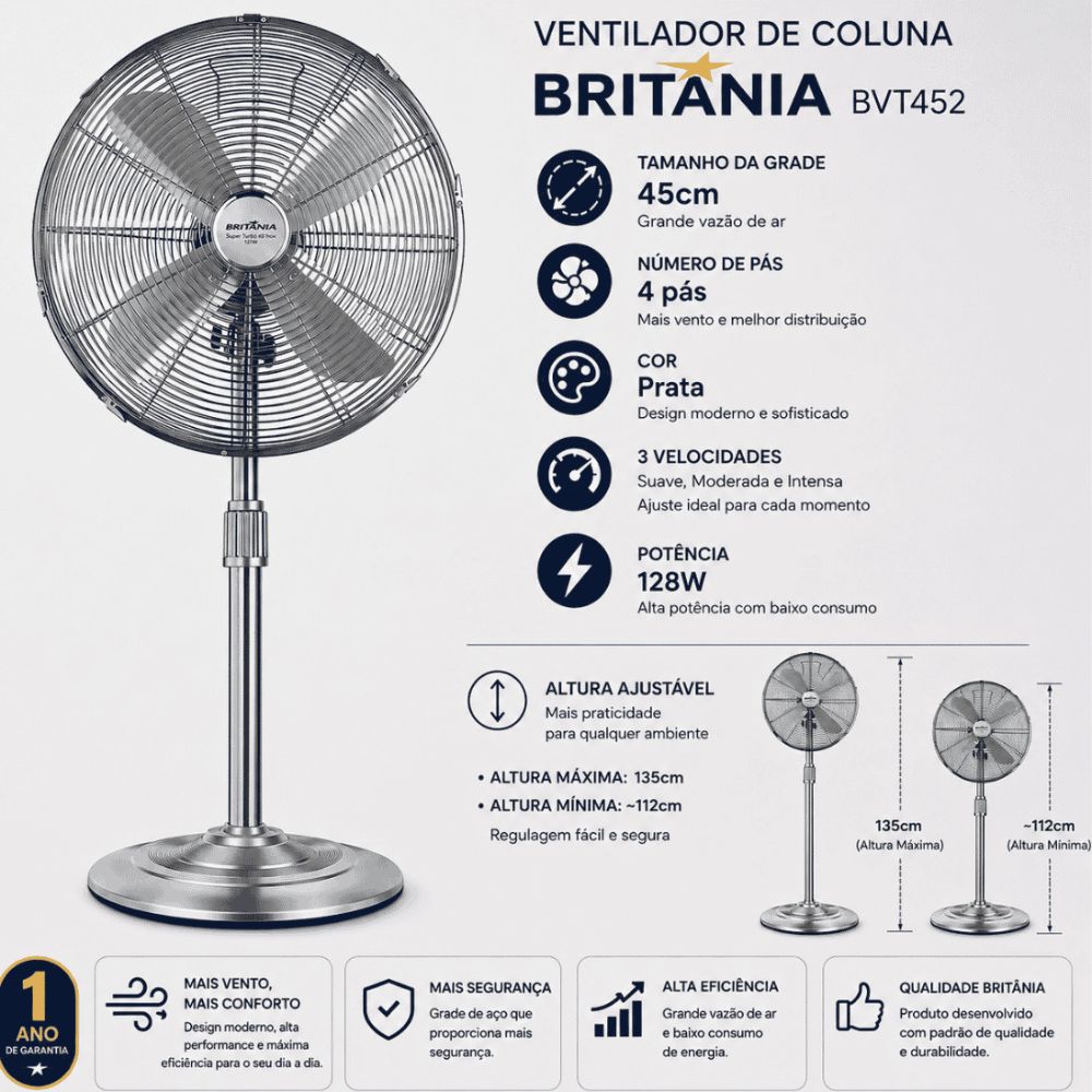 Ventilador de Coluna Britânia BVT452 Grade de 45cm Com 4 Pás, 3 Velocidades, 128W, 220V - Prata