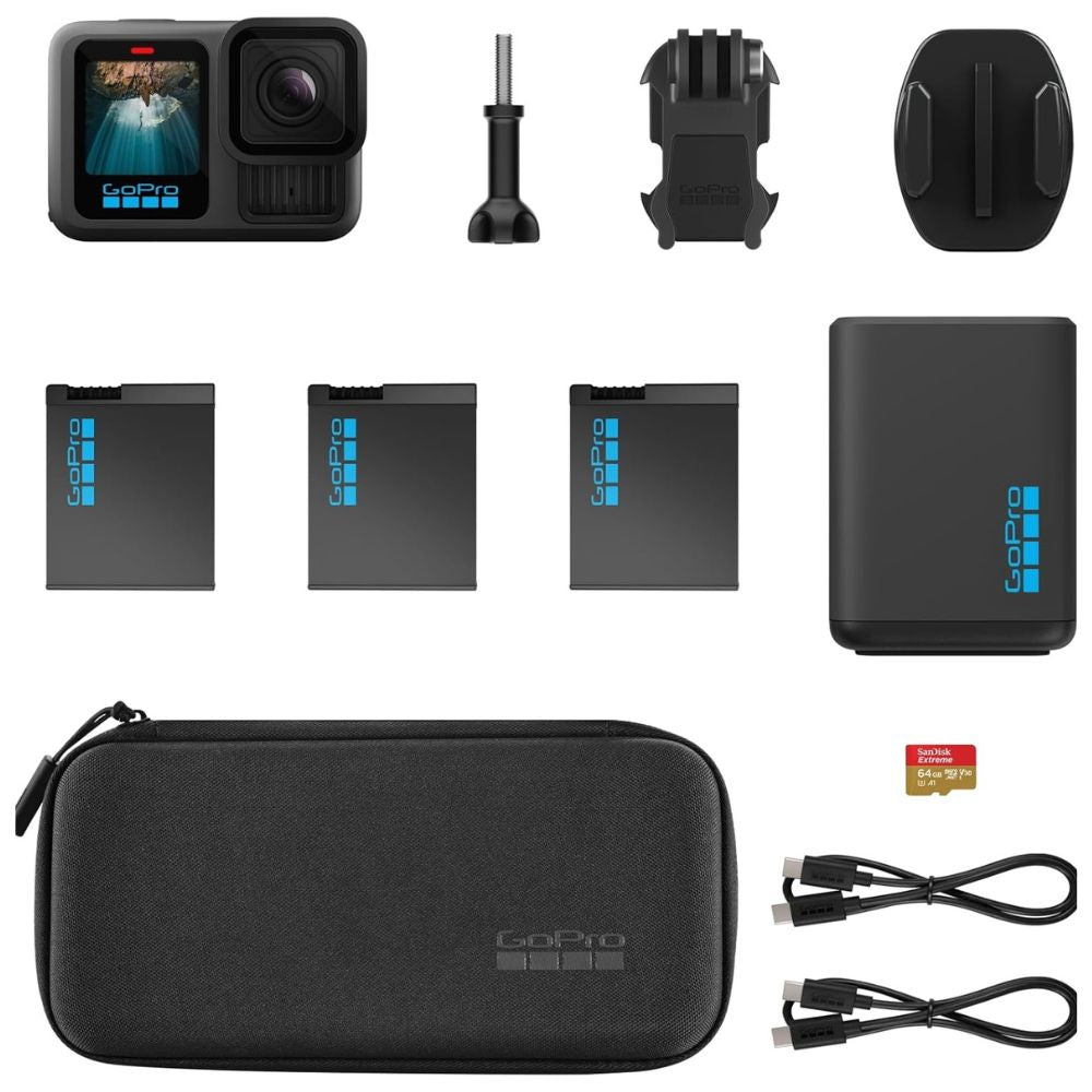 Câmera de Ação GoPro HERO13 Black Power Bundle Resistência à Água 10M Vídeo 5.3K60 27MP Baterias Enduro e Cartão de 64Gb