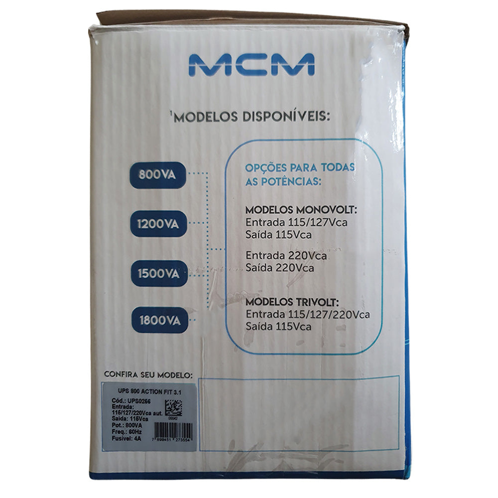 Nobreak UPS MCM 800VA,  ACTION FIT 3.1, Entrada Trivolt /220v, Saída 6 Tomadas 115V, Com Entrada  Bateria Estacionária