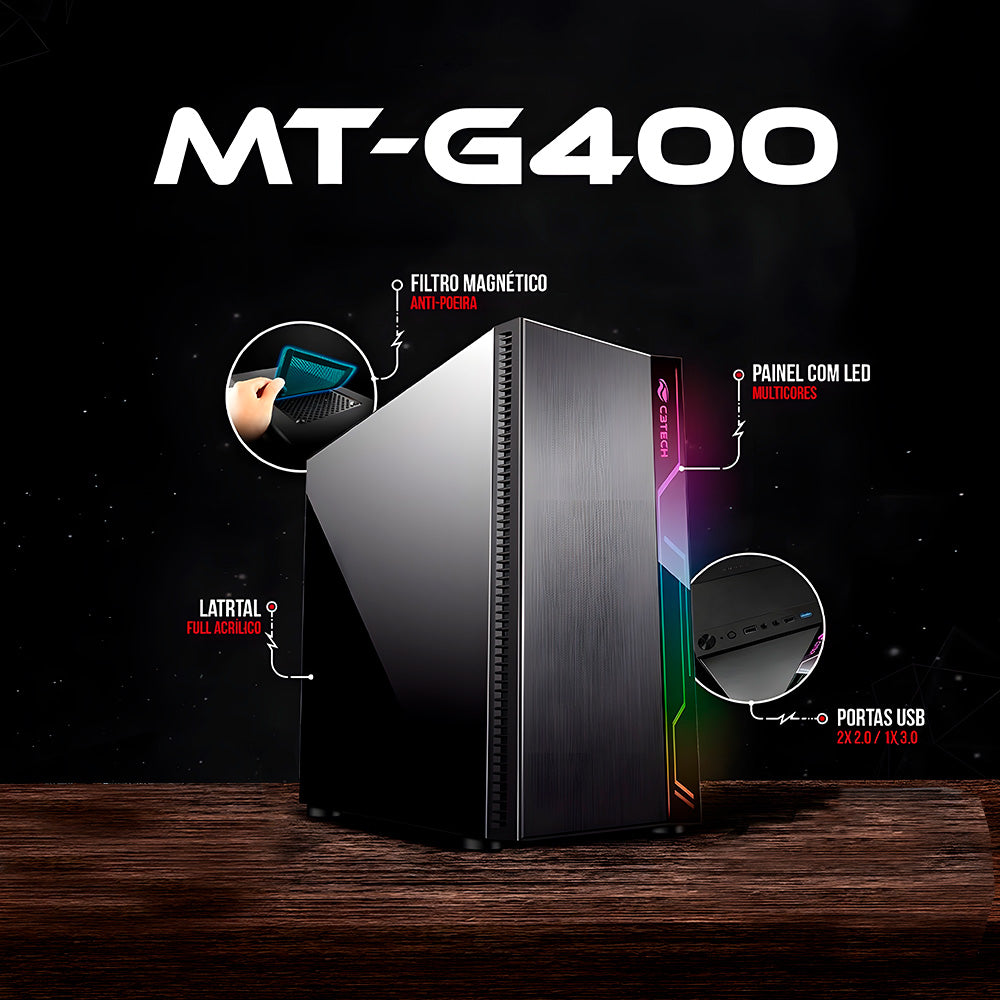 Gabinete Gamer MT-G400BK, Lateral em Acrílico, Mid Tower, LED, C3Tech, Preto, S/FTE