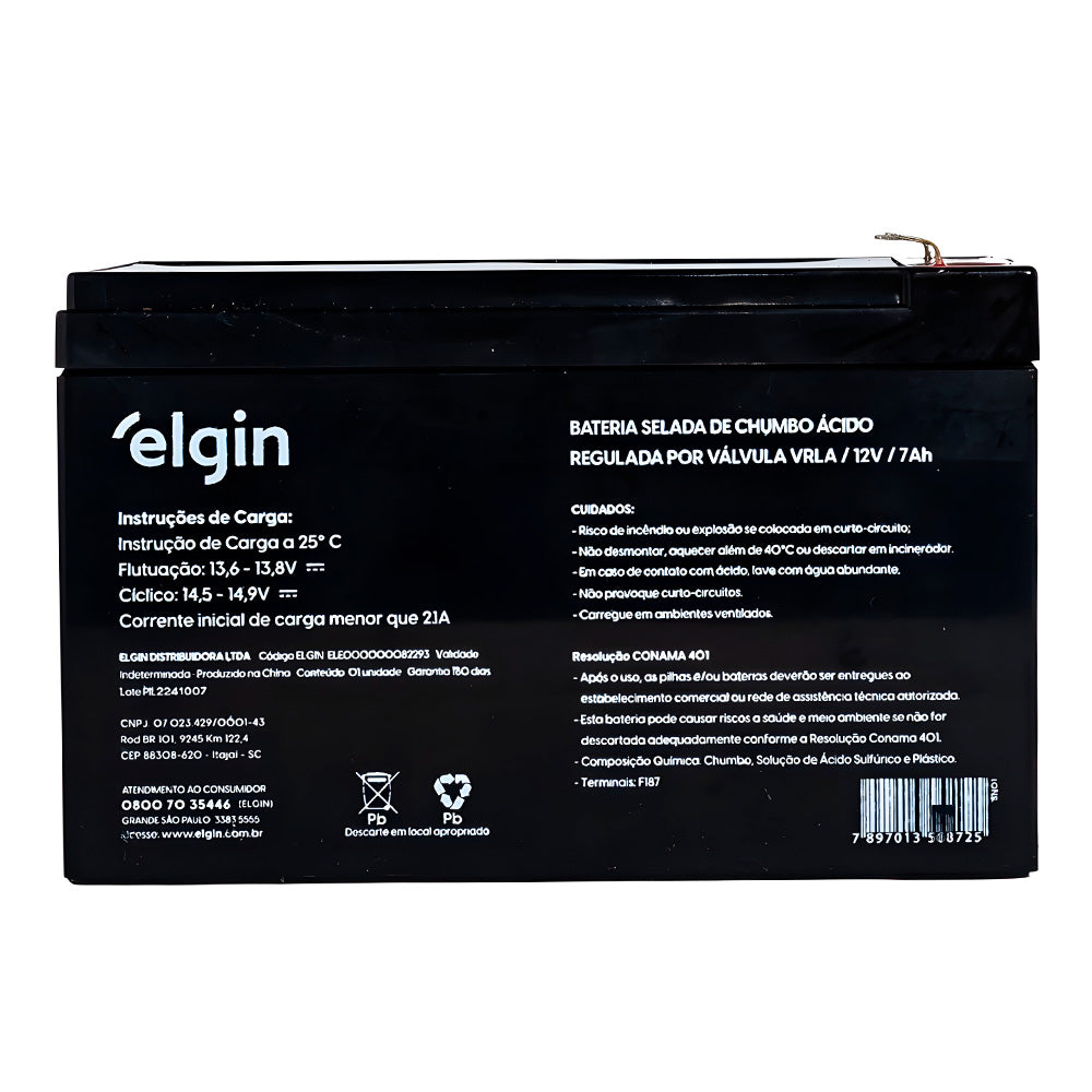 Bateria Para Nobreak 12V, 7Ah Selada, Elgin ELE000000082293, Chumbo, VRLA