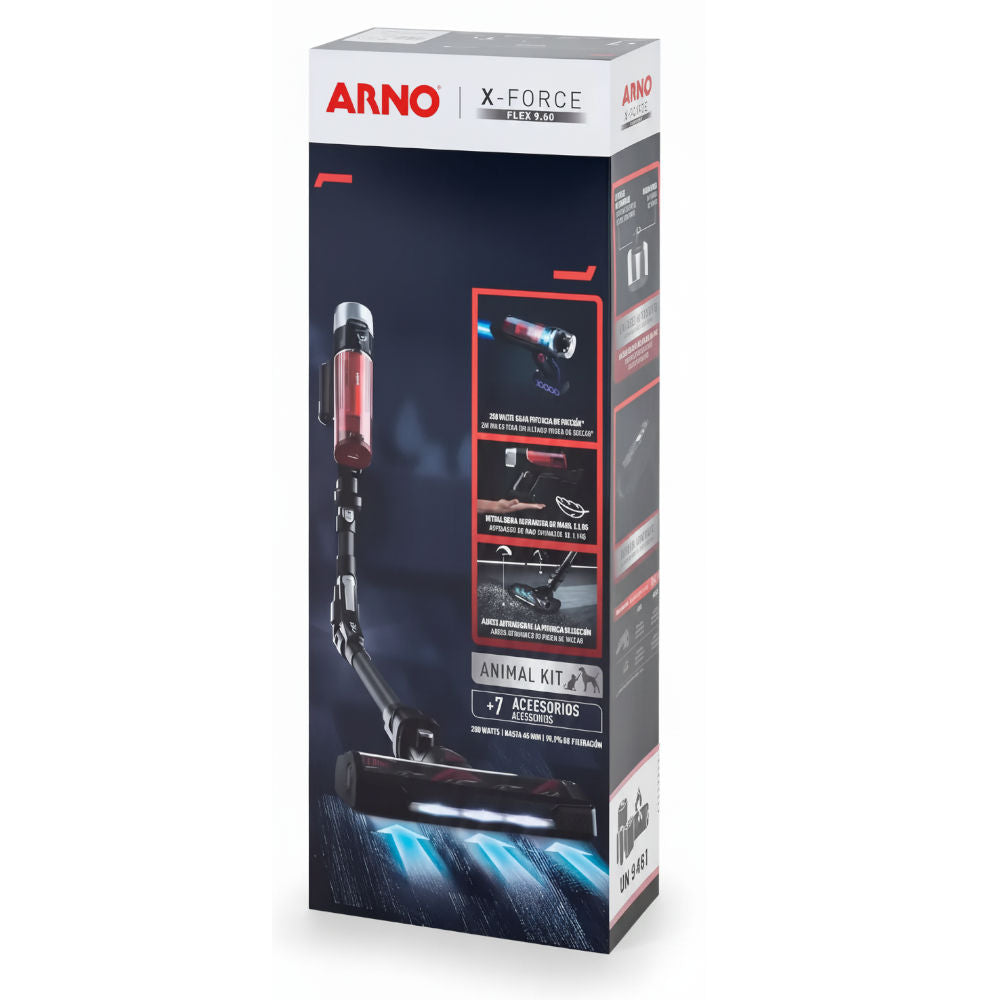 Aspirador Pó Sem Fio Arno X-Force Flex 9.60 RH20, Bivolt, 18V 0.4L Tubo Flexível LED Filtro HEPA Autonomia 45min, Preto
