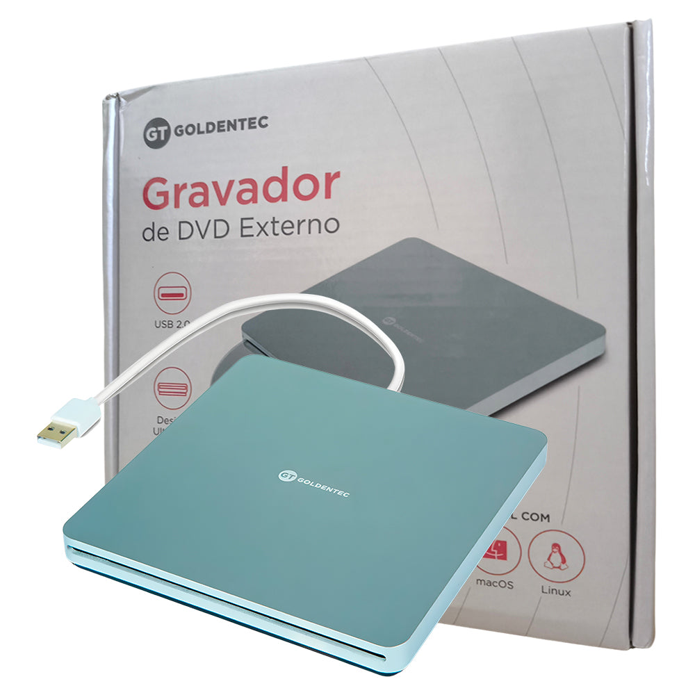 Gravador de DVD Externo, Leitura de CD/DVD, Portátil Slim USB, GT Slot In, Goldentec, Prata