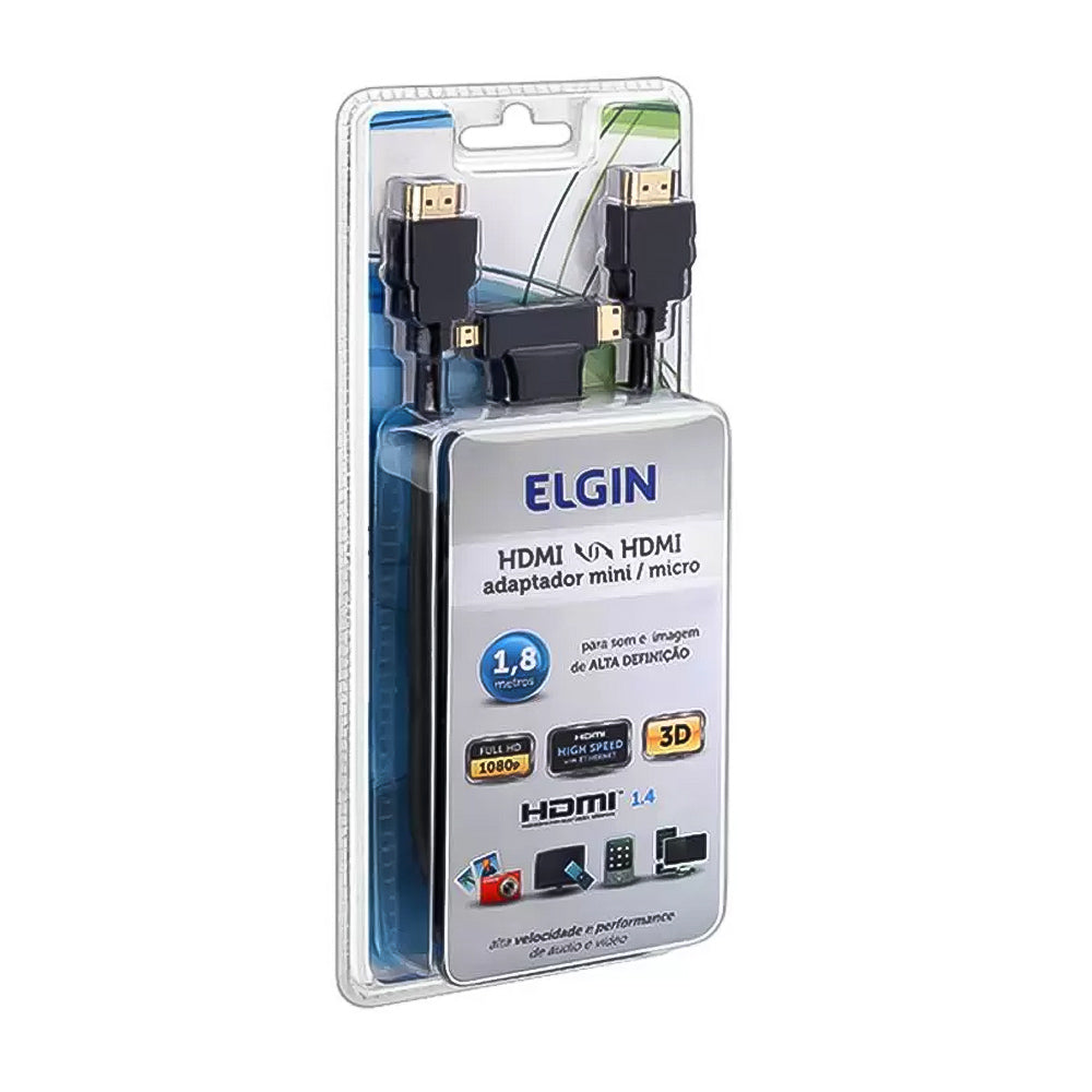 Cabo HDMI Com Conector Banhado a Ouro, Adaptador Preto de 1,8 Metros, Elgin, 46RCHDMIADAP