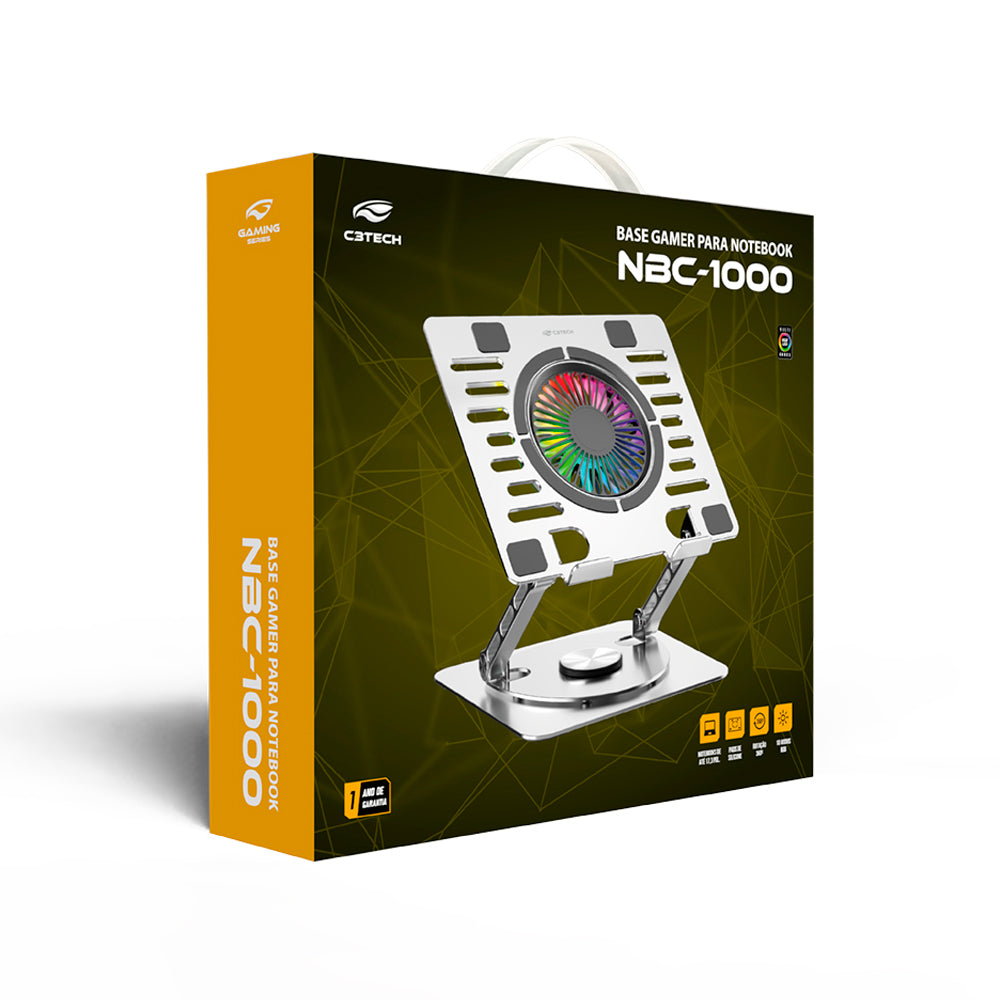 Base Giratória Para Notebook 17.3", NBC-1000SI, Cooler RGB, Silencioso, C3Tech Gaming, Prata