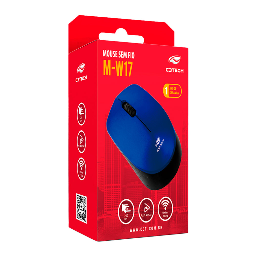 Mouse Ópitco Sem Fio, 2.4GHz, 1.200 DPI, M-W17BL, C3Tech, Plug and Play, Azul