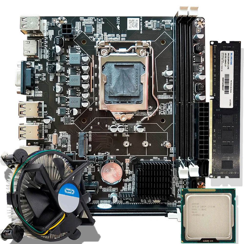 Kit Para Montagem de Computador, Placa Mãe GT-H61 M2, Core i3-2100, RAM 4GB DDR3, Cooler Para Processador