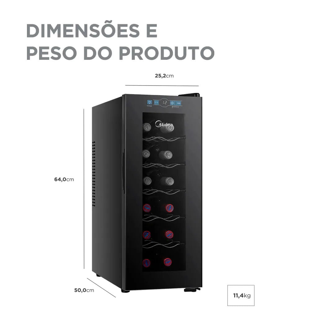 Adega Midea MDRW066FGGGL3, 12 Garrafas, Controle Eletrônico até 18 °C, Baixa Vibração, Porta de Vidro – 220V