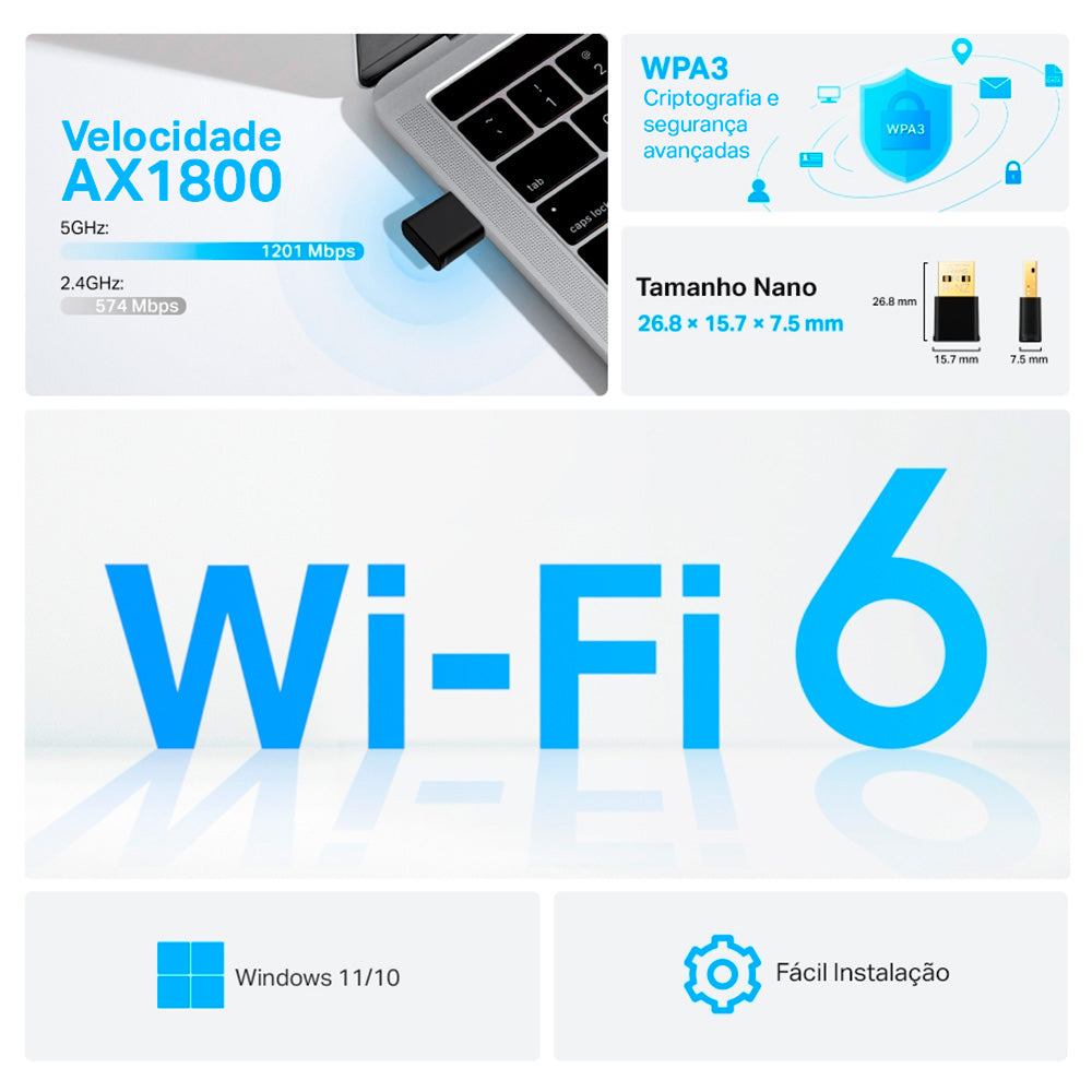 Adaptador Wi-Fi Tp-Link Archer TX20U Nano, AX1800, Dual Band, Wi-Fi 6