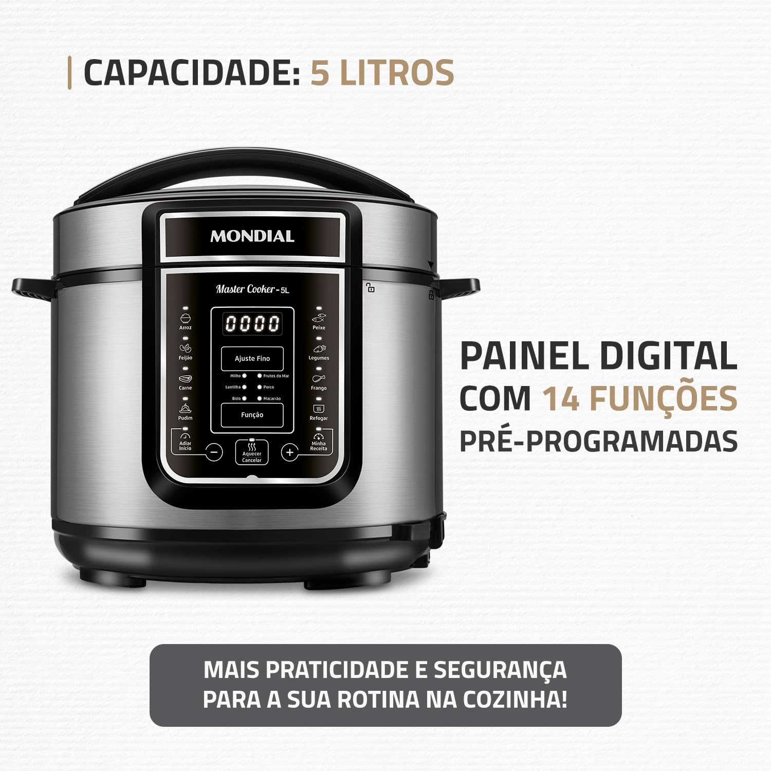 Panela de Pressão Elétrica Digital Mondial Master Cooker 5L, 220V, 900W,Com 14 Funções Pré-Progamadas, PE-38 (Preto)