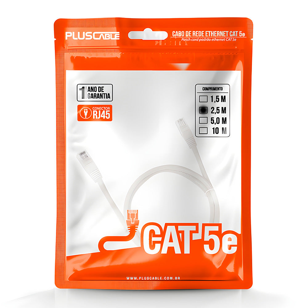 Cabo de Rede Cat.5E 2.50 Metros PC-ETHU25WH Patch Cord PlusCable - Branco