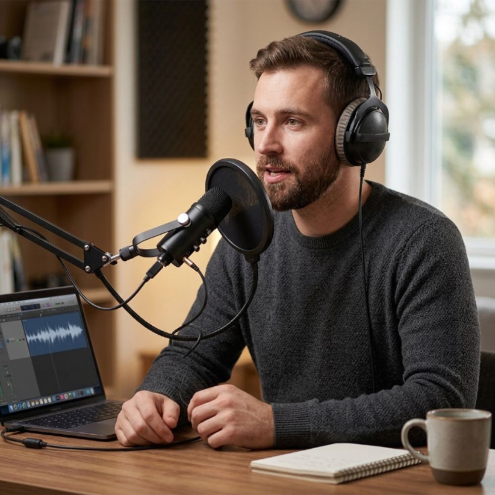 Microfone Streaming USB MI-100BK C3Tech, Condensador Cardioide para Streaming e Podcast, com Braço e Pop Filter