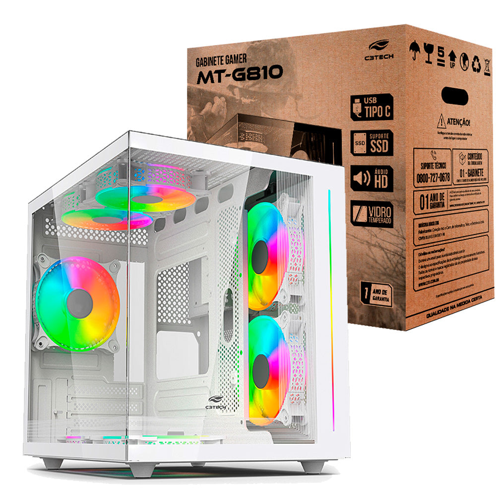Gabinete Gamer C3Tech Gaming Aquarius MT-G810WH, Mini Tower, Micro ATX, Lateral em Vidro Temperado, Branco - MT-G810WH