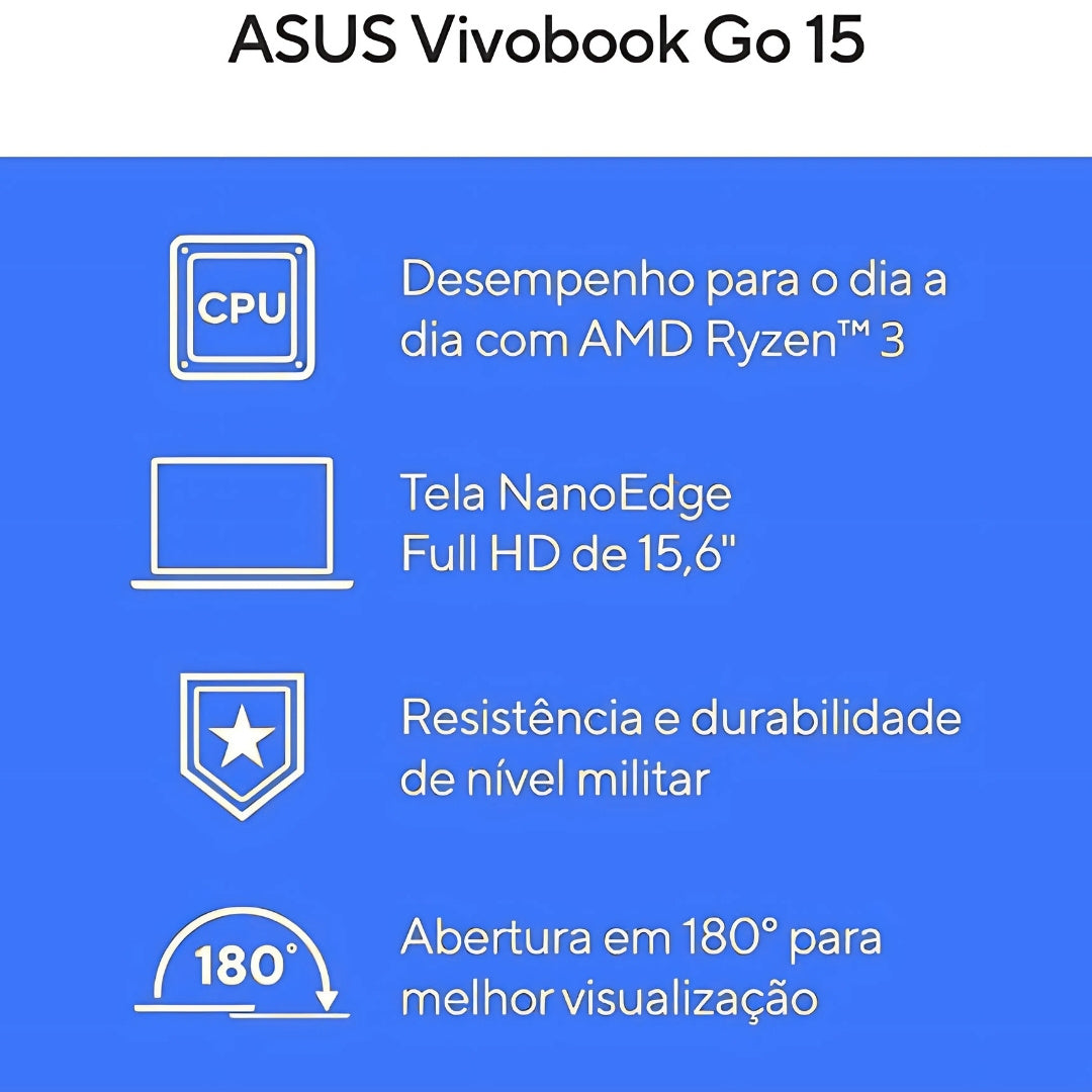 Notebook ASUS Vivobook Go 15, AMD Ryzen 3 7320U, 4GB, 128GB SSD, KeepOS, 15,6" LED FHD, Mixed Black