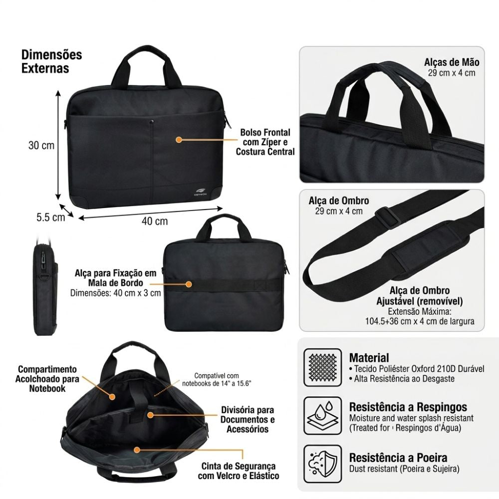Maleta para Notebook 15.6 C3Tech ML-50BK Bolsa Case Almofadada Preta