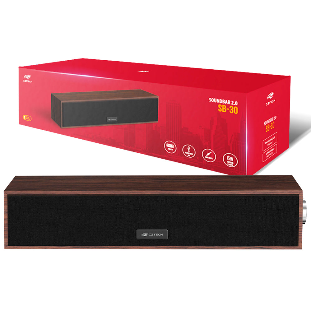 Soundbar 2.0 Conexão P2, Alimentação USB Drive 50mm, 6W, SB-30BW, C3Tech, Marrom