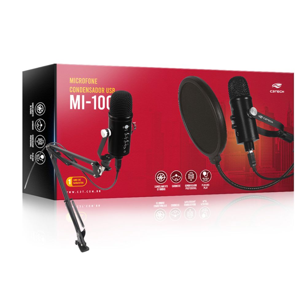Microfone Streaming USB MI-100BK C3Tech, Condensador Cardioide para Streaming e Podcast, com Braço e Pop Filter